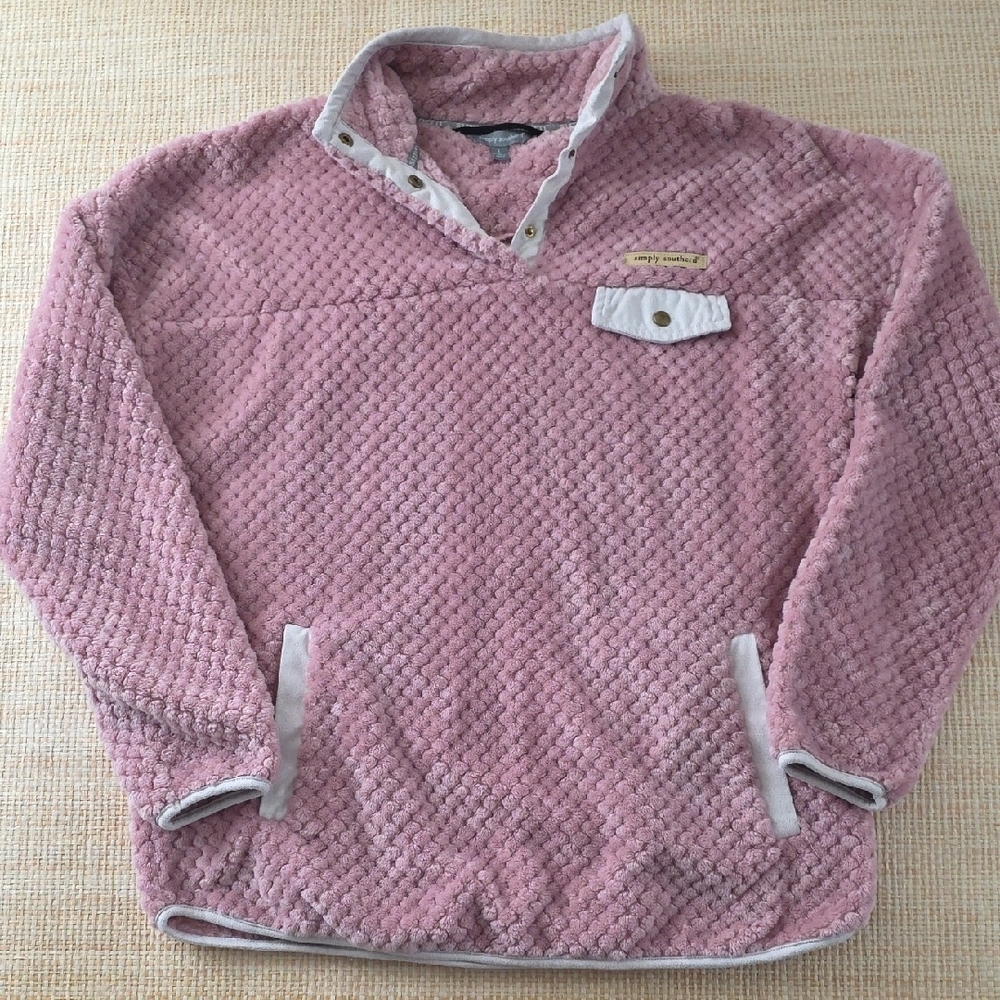 Simply Southern Pink Sherpa Pullover Large Cozy Fleece Quarter Snap Sweatshirt